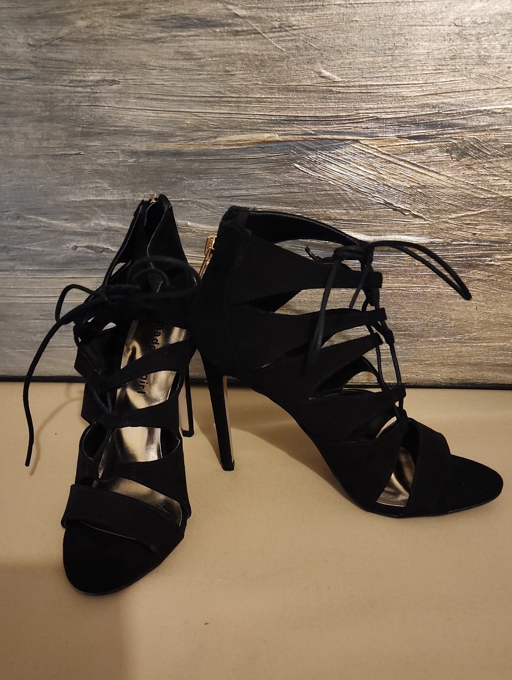 Madden Girl Black Lace-Up Suede-look Strappy Heels "Raceyyy" Style, Never Worn